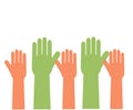 Hands of different people are raised up on a white background. Symbol. A crowd of hands. Vector Royalty Free Stock Photo